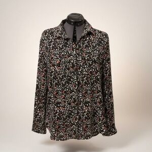 Loft Blouse Womens L Black Abstract Floral Button Up Classic Chic Professional